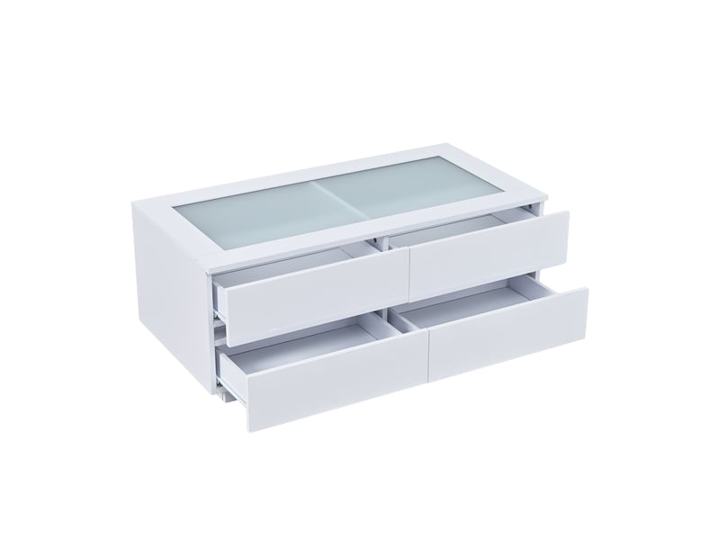  Table basse blanche moderne 100 x 50 x 40 cm, avec 4 tiroirs, éclairage led, plateau en verre trempé et façades brillantes. Table de salon robuste en panneaux de particules supportant une charge de 35 kg.  - Conforama D