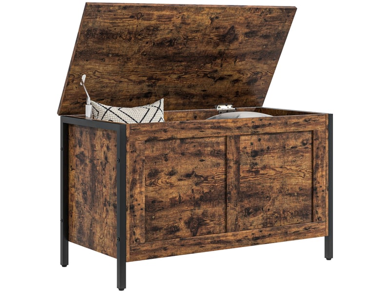  Coffre de rangement en bois de 95 litres, style industriel, avec couvercle et charnière de sécurité, 80 x 40 x 49 cm, marron  - Conforama A