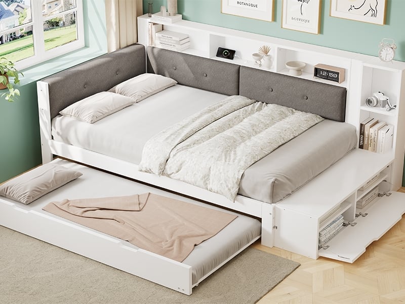 Lit enfant 120x200cm avec lit gigogne 90x190cm, rangements, charge, tête capitonnée, étagères et banc chaussures, blanc - Conforama B