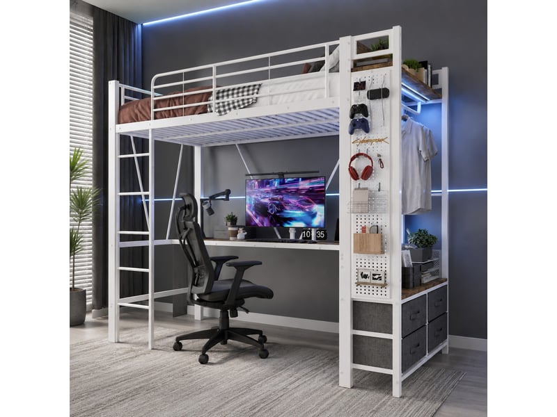 Lit mezzanine 200×90 cm avec bureau, 4 tiroirs, rangements, led et ports usb et usb-c, sans matelas, blanc - Conforama B