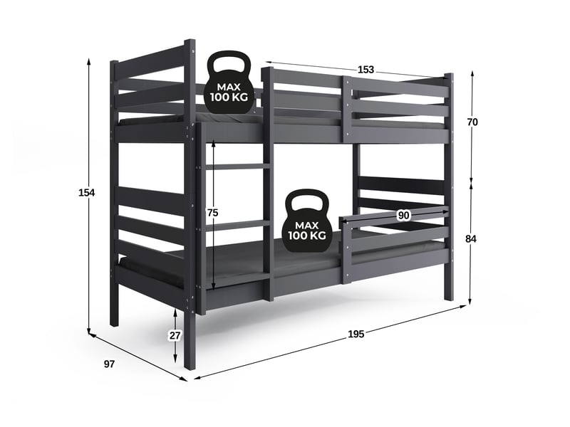  Lit superposé séparable 90x190 cm eric interbeds - bois massif de pin avec barrière et sommier - gris  - Conforama C