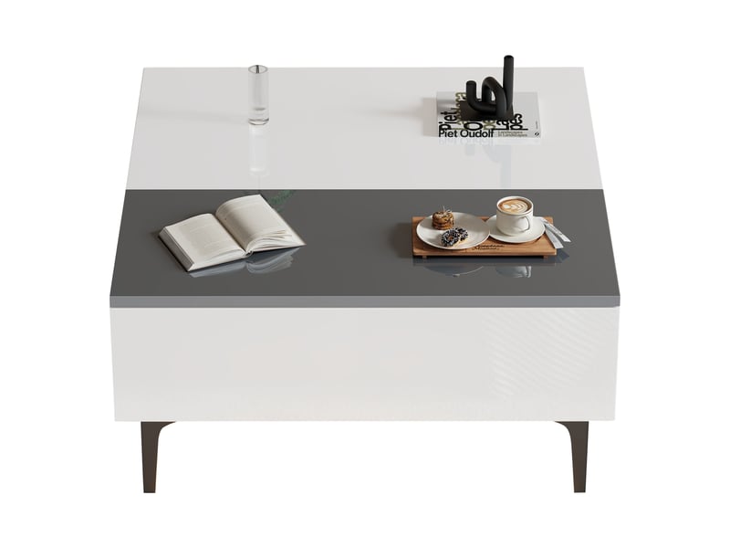 Table basse relevable 70x70 cm blanc brillant – led et rangements intégrés - Conforama A
