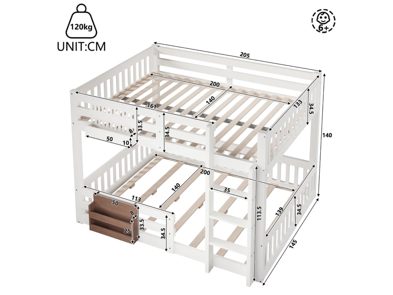  Lit superposé enfant 140x200 cm avec rangements, garde-corps de sécurité et échelle, métal, mdf et pin, blanc OPULERANE TRADING LTD - Conforama D