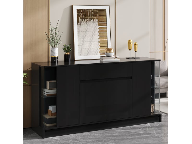 Buffet 150x40x75 cm avec vitrines led, portes et tiroir noir - Conforama D