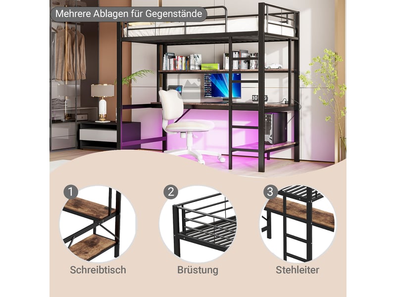  Lit mezzanine 90*200 cm, structure en métal, éclairage led, bureau, port usb, échelle, barrière, sans matelas, noir  - Conforama E