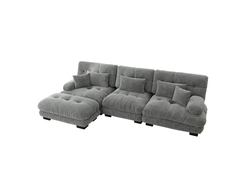  Canapé d’angle modulable 3 places 313x145x81 cm, mousse haute résilience, finition chenille gris, avec pouf  - Conforama A