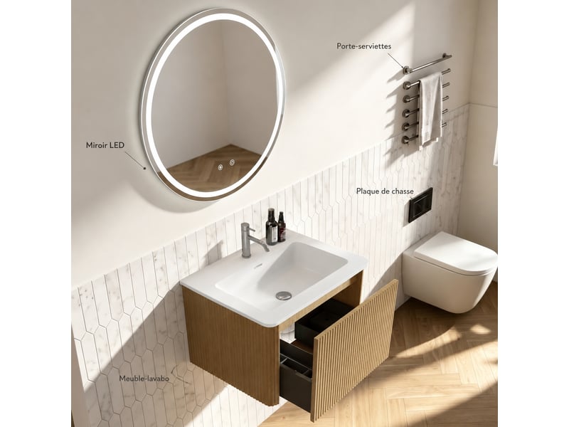  Ensemble meuble vasque suspendu 60 cm avec miroir rond led, finition chêne  - Conforama E