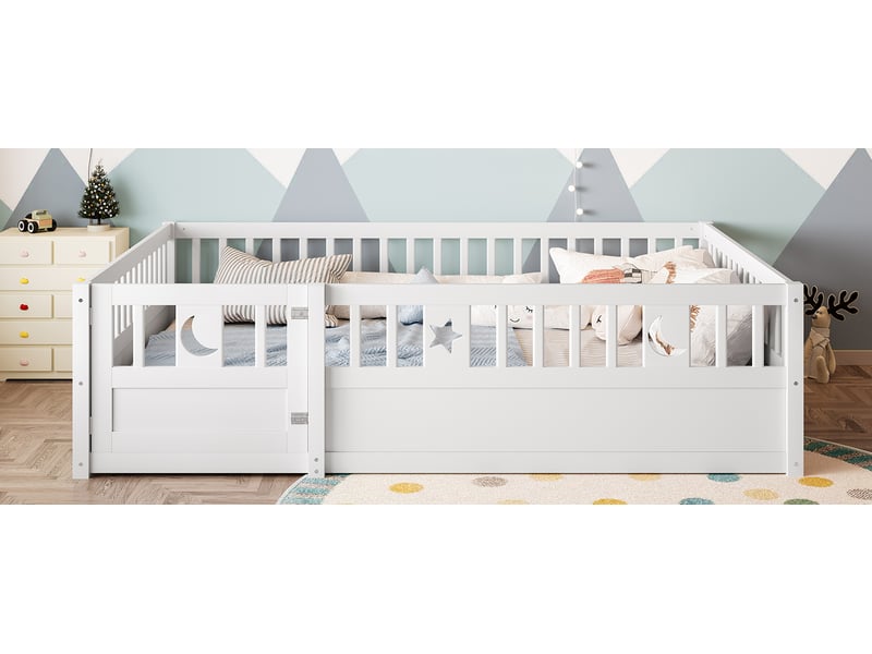  Lit enfant 140x190 cm blanc – barrières de sécurité, décor étoiles et lune, design minimaliste  - Conforama D