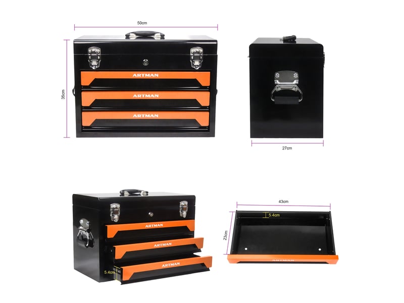  Coffre à outils en acier 50 x 27 x 35 cm noir et orange, 3 tiroirs, poignée et fermoirs métalliques  - Conforama C