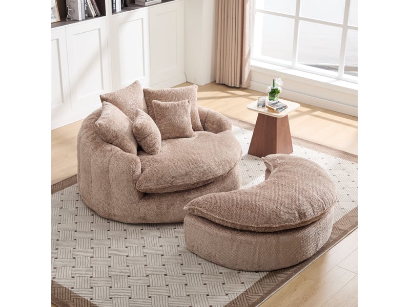  Fauteuil rond surdimensionné 138x190.5x63 cm, dossier large, coussins inclus, mousse dense, polyester, café  - Conforama D