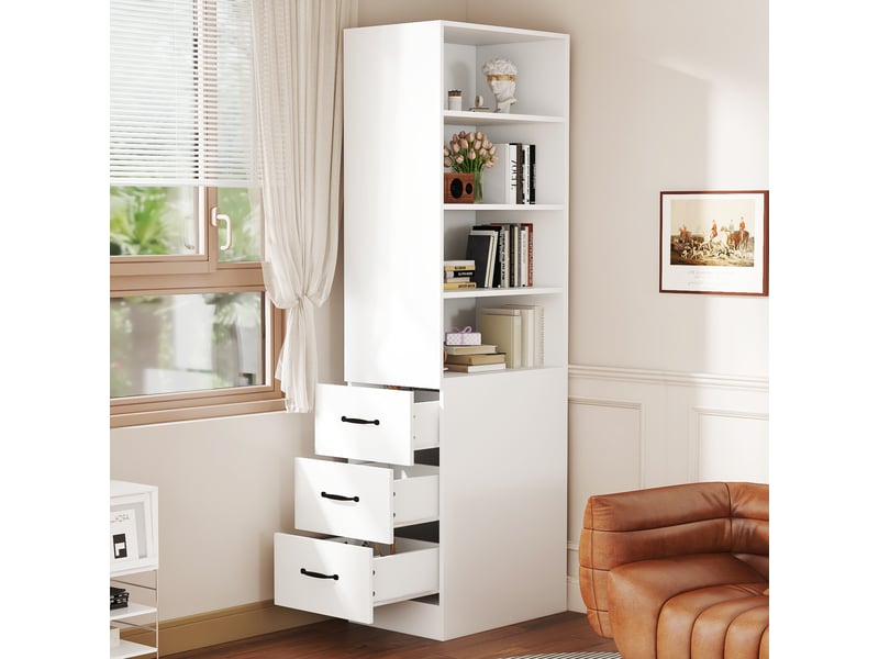  Bibliothèque étroite 180 cm, meuble de rangement avec tiroirs latéraux, armoire haute blanche de salon pour petits espaces.  - Conforama R