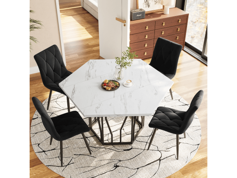  Ensemble table hexagonale effet marbre + 4 chaises velours noir – design contemporain pour salon et salle à manger  - Conforama E
