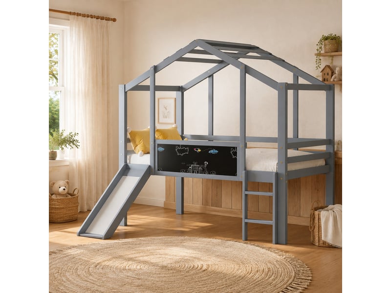 Lit mezzanine enfant 90 x 200 cm gris avec toboggan, échelle et tableau  - Conforama C