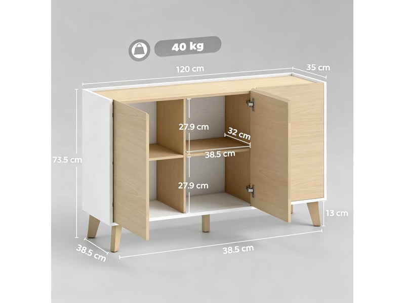  Buffet 3 portes et 6 espaces de rangement, 120 cm, finition bois naturel et blanc  - Conforama E