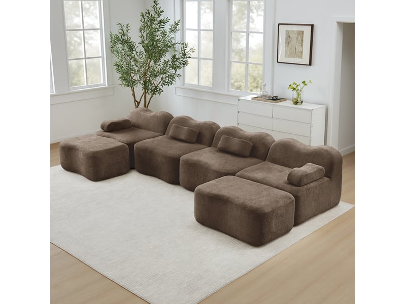  Canapé modulable 4 places en u avec 2 poufs en velours marron  - Conforama D