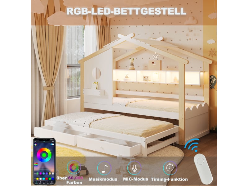  Lit enfant 90x200 cm - lit gigogne 90x200 cm - led rgb connectée et prises usb - 2 tiroirs - naturel  - Conforama E