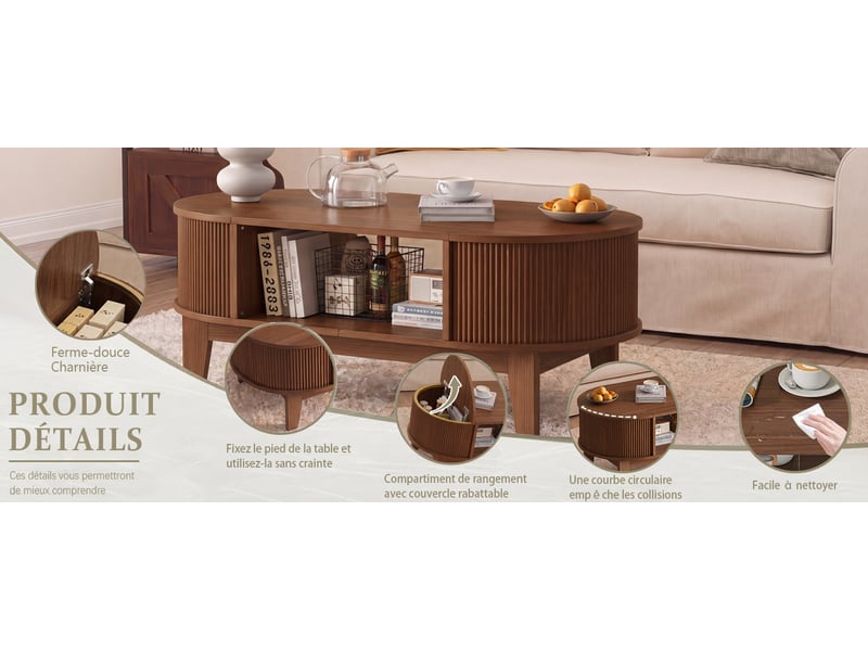  Able basse ovale avec rangement - 100 x 50 x 40.5 cm-noyer - table de salon style rétro avec couvercles rabattables et étagères  - Conforama E