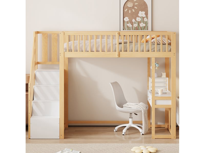  Lit mezzanine enfant 90x200 cm – blanc et bois clair – bureau multifonction et escalier de rangement – sans matelas  - Conforama B