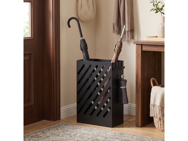  Porte-parapluie avec bac égouttoir, 4 crochets, acier, 28 cm (l) x 14 cm (l) x 41 cm (h), noir  - Conforama D