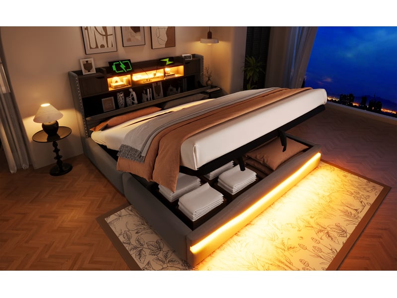  Lit coffre 180 × 200 cm, lin, sommier à lattes, led sous le lit, tête de lit avec rangement, ports usb et usb-c, gris  - Conforama D