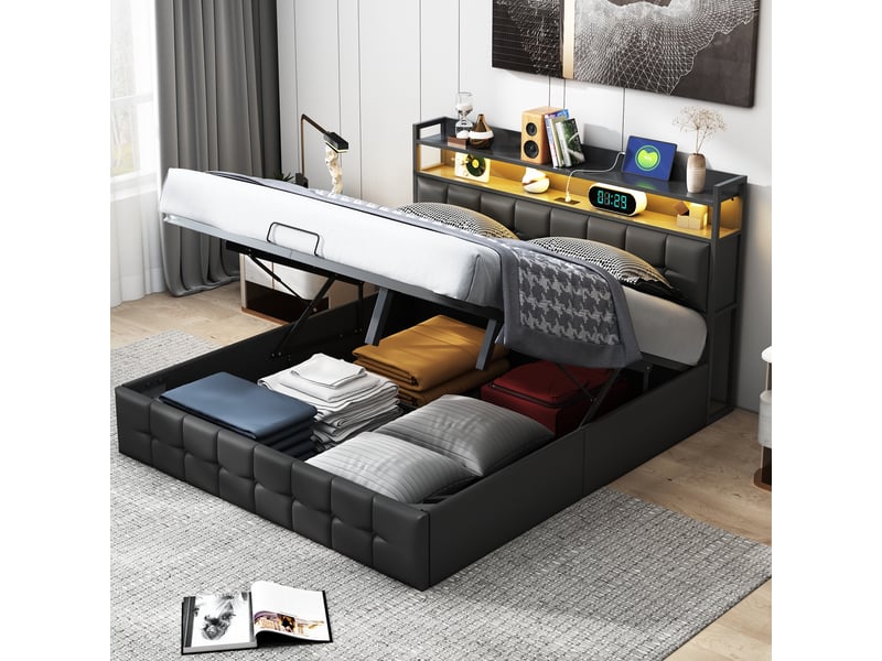  Lit coffre 140x190cm - lit double 140x190 avec tête de lit rangement, led rgb, prises usb, en similicuir - style moderne - noir  - Conforama C