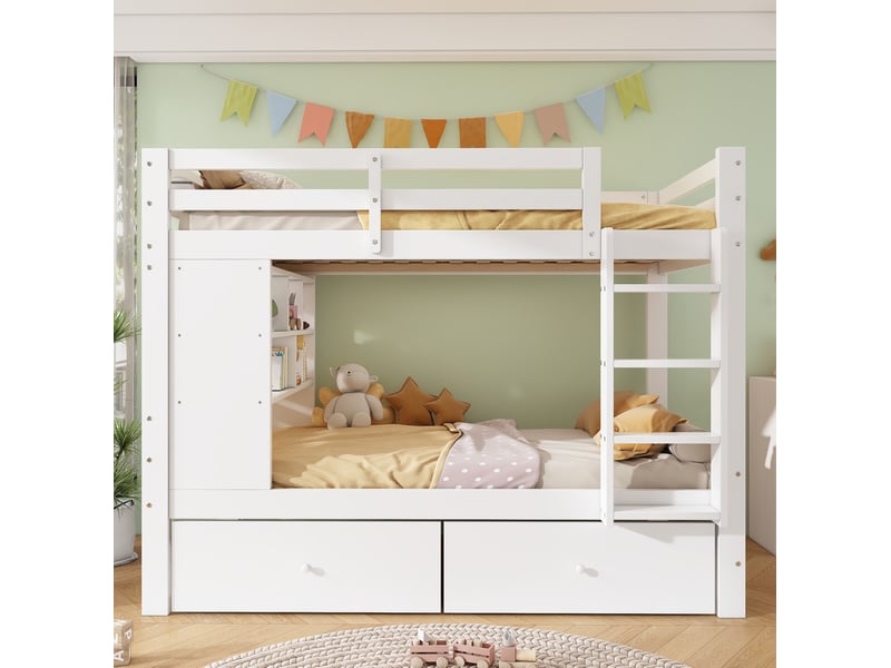  Lit superposé 90 × 200 cm 2 places avec 2 tiroirs, étagère et barrière, sans matelas, en bois, blanc  - Conforama C