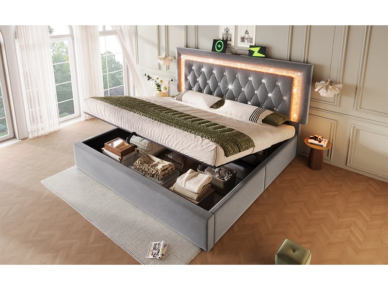  Lit coffre 140x200 cm velours gris avec tête de lit led, ports usb-c, rangement hydraulique et matelas inclus  - Conforama C