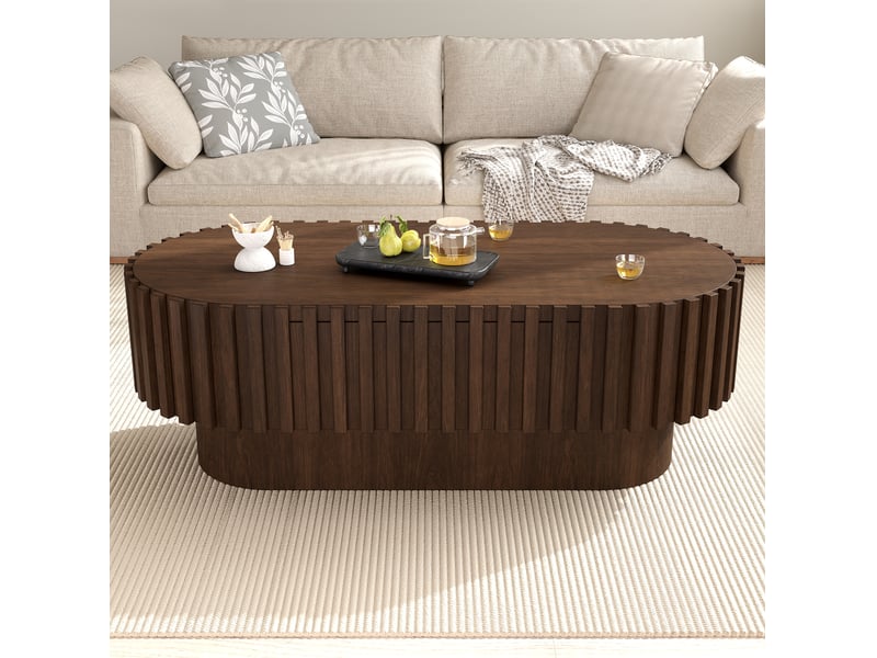  Table basse ovale 100 x 50 x 35,5 cm avec tiroir en mdf, coloris noyer, design moderne, décor à lamelles verticales  - Conforama D