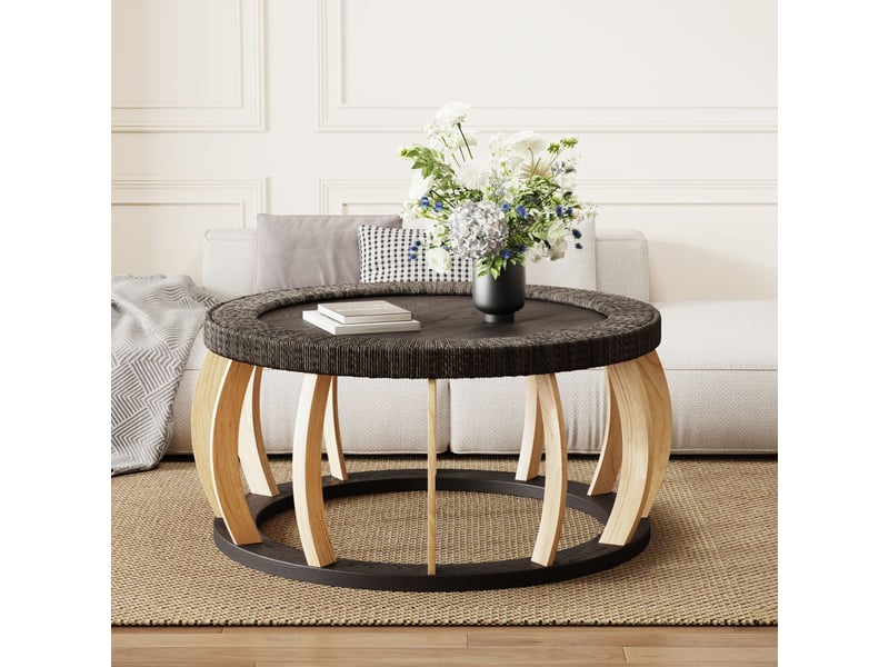  Table basse rotin vintage bois massif forme ronde pieds courbés style bohème noir brun  - Conforama A