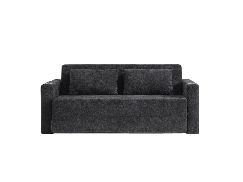 Canapé-lit 2 places convertible 2 en 1 en tissu chenille noir et gris, avec ports usb, porte-gobelets et 2 coussins - Conforama D
