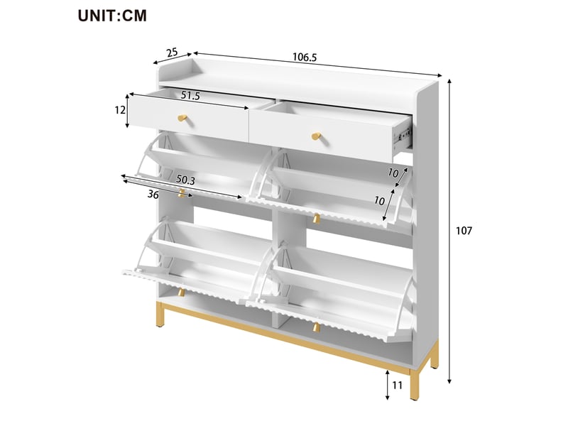 Meuble à chaussures 106,5x25x107 cm, 4 portes rabattables et 2 tiroirs, panneau de particules, blanc  - Conforama C