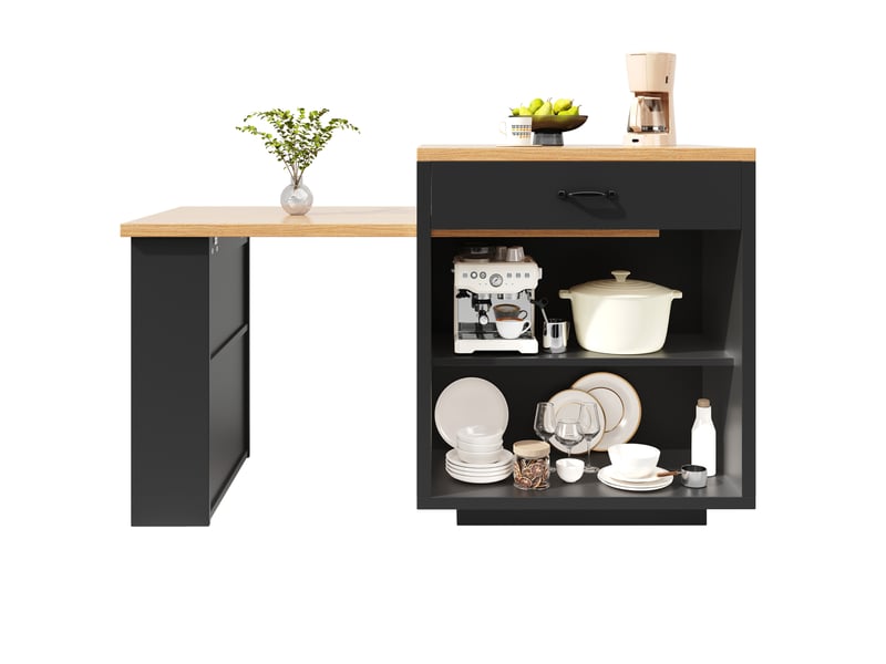  Îlot de cuisine extensible avec led, tiroirs et étagère réglable, noir, 126-196x70x94 cm  - Conforama E