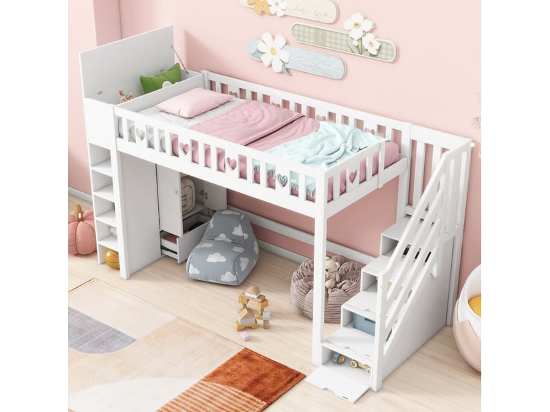  Lit mezzanine enfant 90x200 cm avec escalier de rangement et étagères blanc  - Conforama E