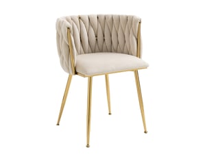 Chaise de salle à manger rembourrée avec dossier tissé et pieds métalliques dorés en velours ivoire