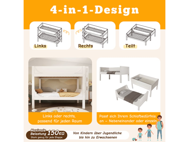  Lit superposé séparable 90x200 cm avec échelle modulable, design traîneau, transformable en deux lits simples, blanc  - Conforama D