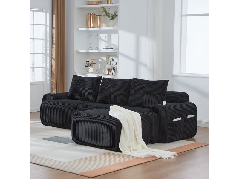  Canapé d'angle modulable 3 places en velours côtelé noir avec porte-gobelet et poche latérale pratique  - Conforama B