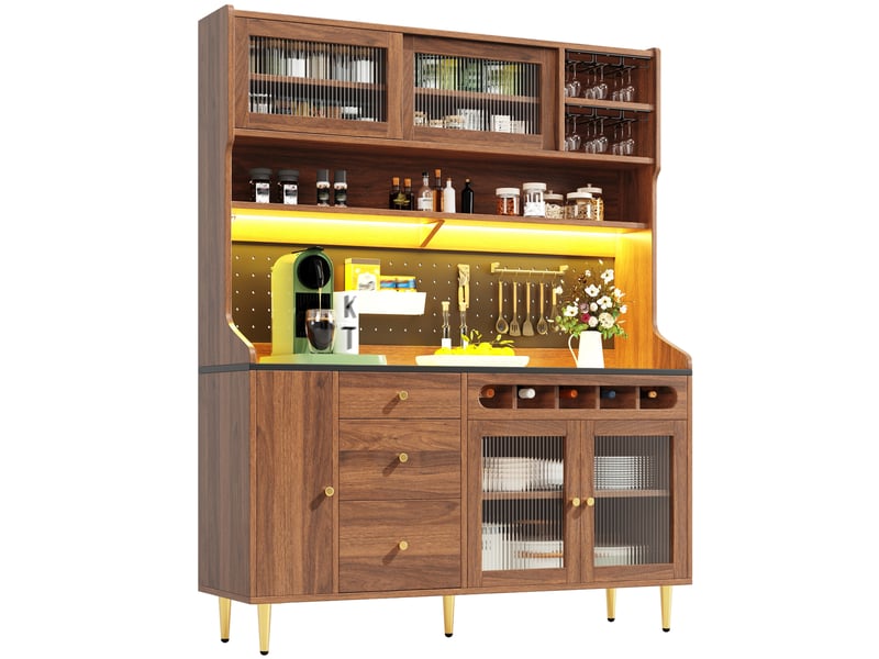  Buffet haut 145 x 39 x 171 cm avec led, étagères réglables et range-bouteilles noyer  - Conforama A
