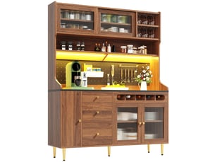 Buffet haut 145 x 39 x 171 cm avec led, étagères réglables et range-bouteilles noyer