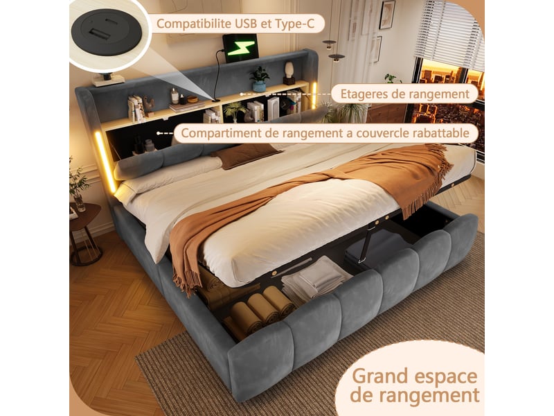  Lit coffre hydraulique 180x200 cm rembourré avec tête de lit rangement-led et usb-c-sommier à lattes en velours  - Conforama D