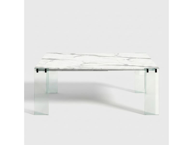 Console extensible gain de place en verre et mélaminé 195cm london - effet marbre blanc  - Conforama C