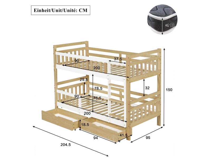 Lit superposé enfant 90x200 cm avec 2 tiroirs, transformable en 2 lits simples bois couleur blanc et naturel sans matelas - Conforama C