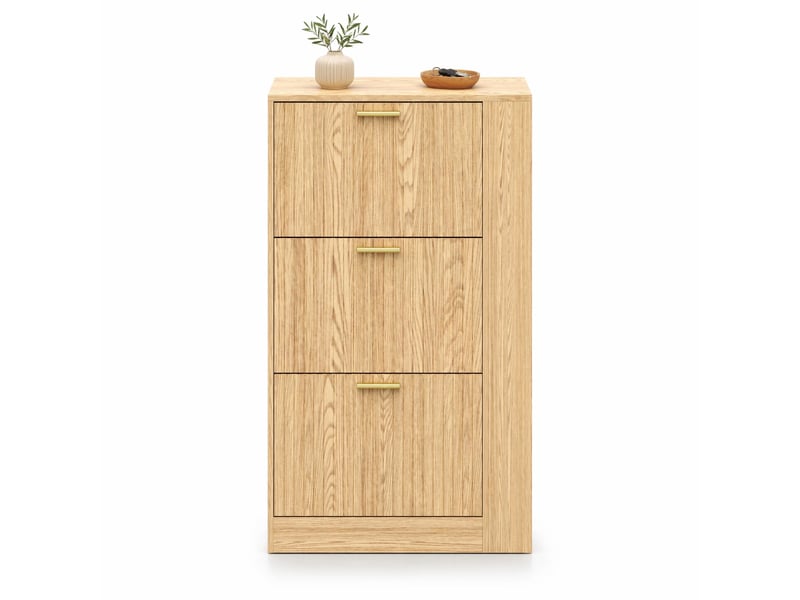 Meuble à chaussures 70x23,5x115 cm, 3 portes mdf, avec étagères ouvertes, naturel  - Conforama A