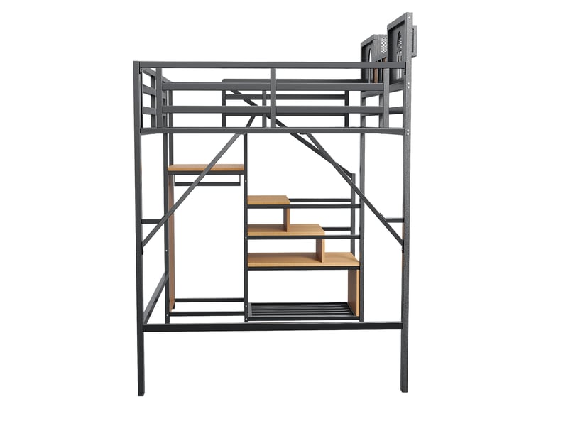  Lit mezzanine 200×140 cm avec escalier de rangement, tablette et espace ouvert sous le couchage, en métal noir  - Conforama E