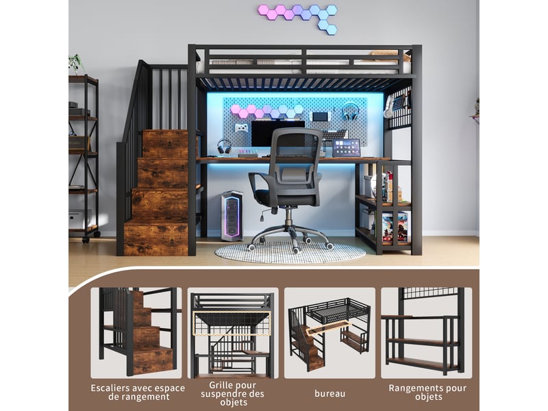  Lit mezzanine enfant 90x200 cm avec bureau intégré, rangements, led et ports usb, structure métal et mdf noir et blanc  - Conforama D