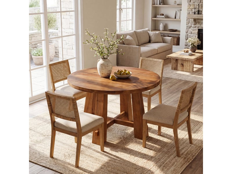 Table de salle à manger ronde en bois massif de 100 cm, table de cuisine rustique avec piètement en croix pour 2 à 4 personnes - Conforama E