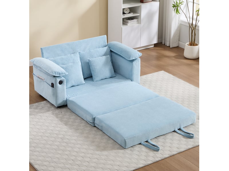  Canapé convertible 2 places 3-en-1 avec fonction couchage et poches latérales, pliable en chenille bleu 135×66×80 cm  - Conforama D