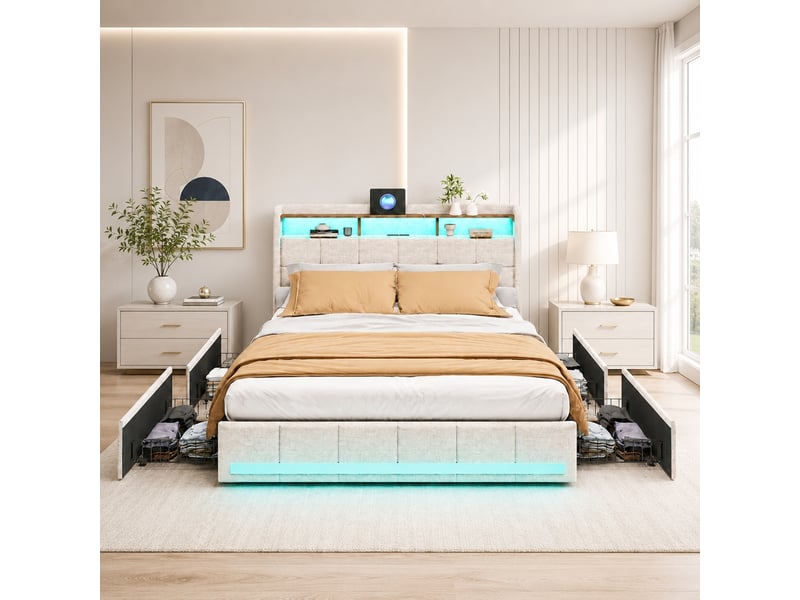  Lit 2 places 140x190 cm - lit capitonné avec led et usb - lit adulte avec 4 tiroirs - lit de rangement avec sommier à lattes - lin beige  - Conforama W