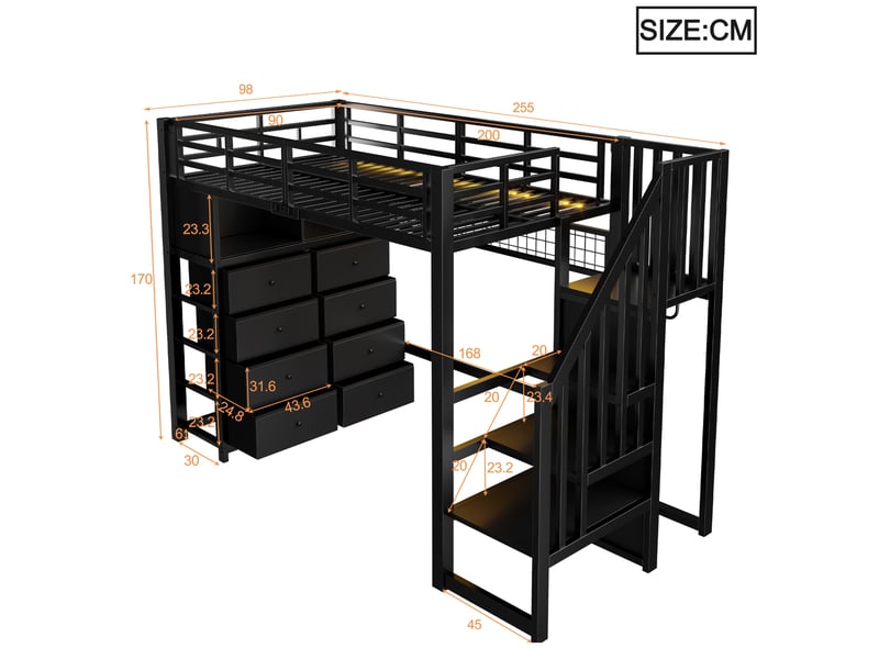  Lit mezzanine 90x200 cm avec 8 tiroirs, led, rangements, escalier intégré, garde-corps, métal mdf noir sans matelas  - Conforama C