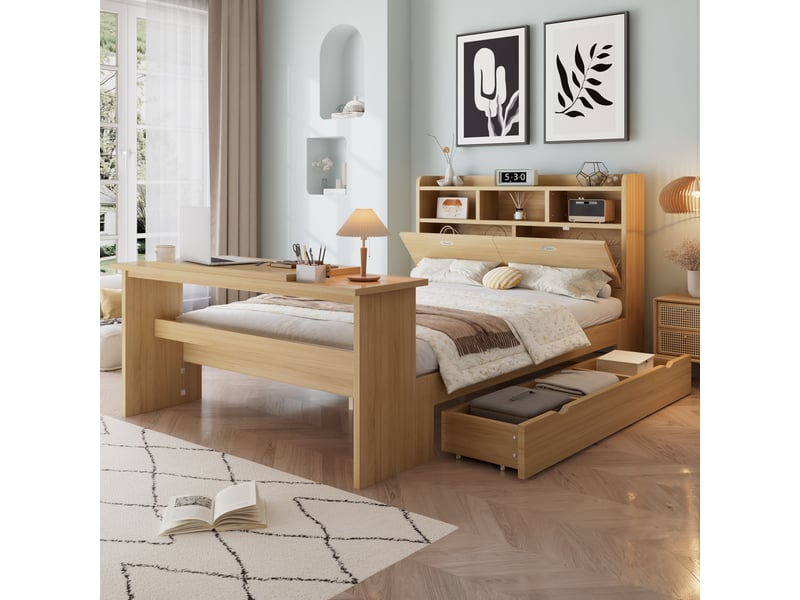  Lit double 140x200 cm nature - lit adulte en bois avec tête de lit bibliothèque, grand tiroir de rangement et table inclinable intégrée  - Conforama D