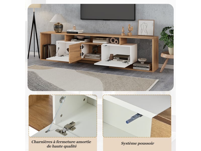  Meuble tv 180 cm bois et blanc avec 3 portes, meuble tv pour 85 pouces, profondeur 30 cm  - Conforama W